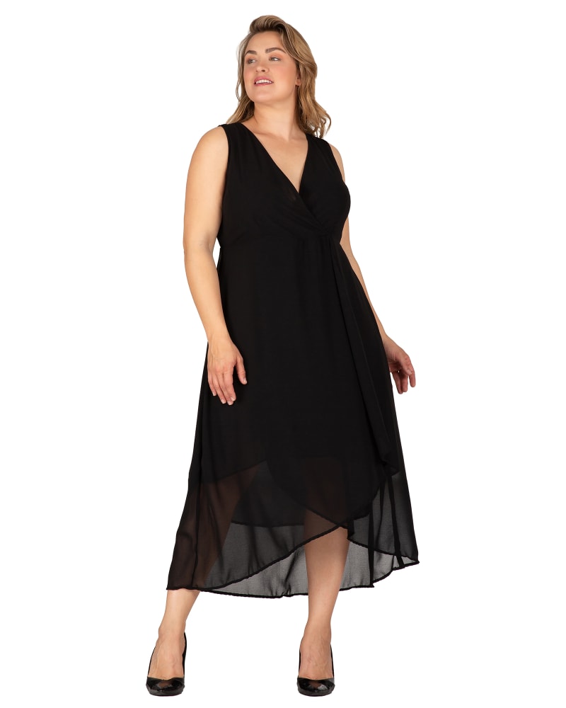 Front of a model wearing a size 1X Leia High Low Maxi Dress in BLACK by Standards & Practices. | dia_product_style_image_id:275732